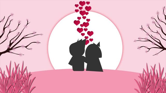 Couple sitting with moon view and love animation. Valentine's Day concept. Love sweet scene.