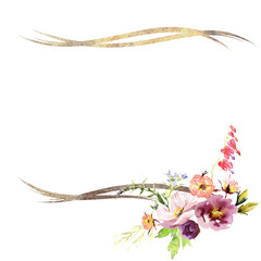 Wedding frame wreath bridal romanric rustic warm bouquet. Hand drawing watercolor pink and purple and orange flowers ornament