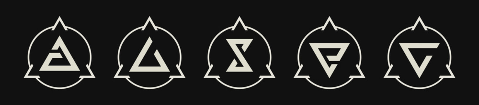 Signs of the witcher with inscriptions. Aarrd, Quen, Igni, Yrden, Axii. Vector illustration of a metallic color.