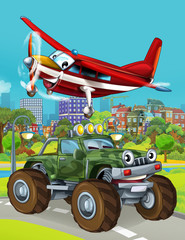 Obraz na płótnie Canvas cartoon scene with military army car vehicle on the road and fireman plane flying over - illustration for children