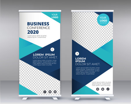 Modern Exhibition Advertising Trend Business Roll Up Banner Stand Poster Brochure flat design template creative concept. Presentation. Cover Publication. Stock vector. EPS - Vec