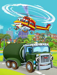 cartoon scene with military army car vehicle on the road and fireman helicopter flying over - illustration for children