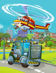 cartoon scene with military army car vehicle on the road and fireman helicopter flying over - illustration for children