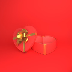 Happy Valentines Day, opened heart shape gift box gold ribbon on red background. Greeting card, flat lay, banner, greeting card, lay out, copy space text area. 3D rendering illustration.