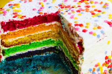 Un trozo de pastel arcoirirs (una apetecible y deliciosa tarta para fiestas).