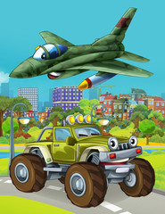 Obraz na płótnie Canvas cartoon scene with military army car vehicle on the road and jet plane flying over - illustration for children