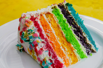 Un trozo de pastel arcoirirs (una apetecible y deliciosa tarta para fiestas).