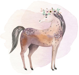 Farms animal isolated set. Cute domestic farm pets watercolor illustration. horse cartoon drawing. © kris_art