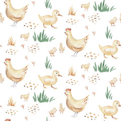 Watercolor seamless pattern with cute farm animals with goat, horse, goose and cow. chicken, sheep and pig domestic animal illustration. © kris_art