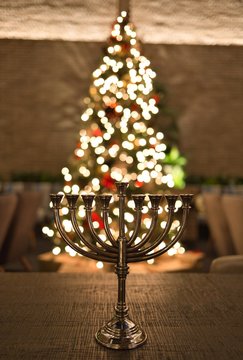 Christmas tree and Menorah - Celebrating Christian and Jewish holidays together