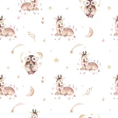 No drill roller blinds Little deer Watercolor baby and mother cartoon owls deer seamless pattern. Woodland cute owl hand drawn kid texture, bird background. Children funny painting. Fabric design