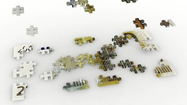 Animazione illustrazione 3D. Creazione puzzle  duecento  euro su sfondo bianco..