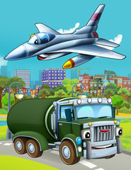 cartoon scene with military army car vehicle on the road and jet plane flying over - illustration for children