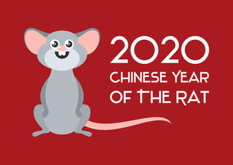 Chinese New Year 2020 year of the rat vector. 2020 Chinese New Year sign on a red background. Adorable rat cartoon character. Cheerful mouse cartoon character. Cute gray mouse icon. Cute rat vector
