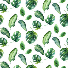 Seamless watercolor pattern of tropical leaves, aloha jungle decoration. Hand painted palm leaf. Texture with tropic summer time used as background, wrapping paper, textile or wallpaper design.