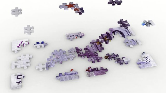 Animazione illustrazione 3D. Creazione puzzle  cinquecento  euro su sfondo bianco..