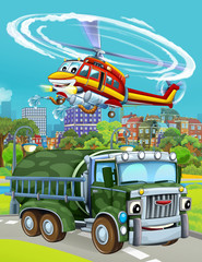 Obraz na płótnie Canvas cartoon scene with military army car vehicle on the road and fireman helicopter flying over - illustration for children
