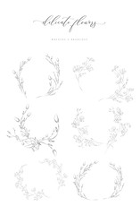 Collection of delicate line drawing vector floral wreaths frames. hand drawn delicate flowers, branches, leaves, blossom. Botanical illustration. Leaf logo - 312320517