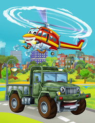 cartoon scene with military army car vehicle on the road and fireman helicopter flying over - illustration for children