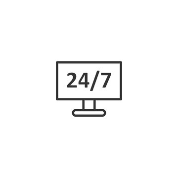 24/7 computer icon in flat style. All day service vector illustration on white isolated background. Support business concept.
