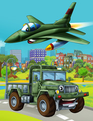 cartoon scene with military army car vehicle on the road and jet plane flying over - illustration for children