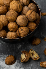 selective focus, harvested walnut in shell