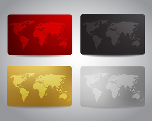 Gift cards or discount cards or credit cards set with world map on red, black, gold, golden silver background