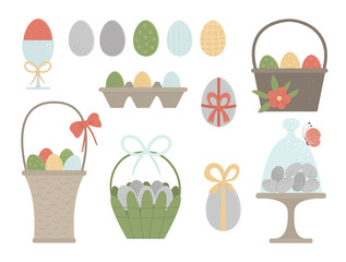 Vector set of colored eggs, baskets, egg-cup, packaging with bows, butterfly and flowers. Easter traditional symbols and design elements. Collection of spring icons..