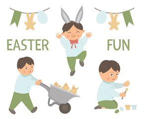 Vector set of a happy boy doing Easter activities. Spring funny illustration. Cute kid coloring egg, driving a wheelbarrow with chicks, jumping with joy..