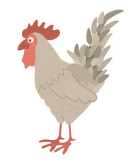 Vector funny cockerel isolated on white background. Spring, Easter or farm funny illustration. Cute bird icon.