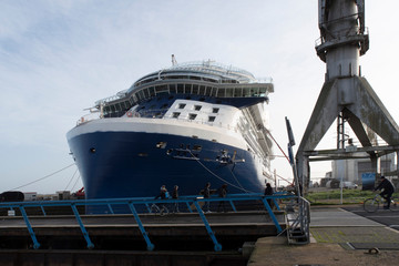 Ship in dry dock in a port for repairs