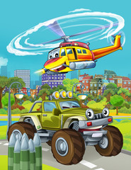 cartoon scene with military army car vehicle on the road and rescue or fireman helicopter flying over - illustration for children