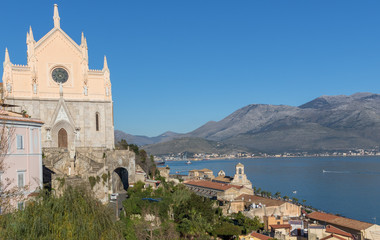 Fototapeta na wymiar Gaeta, Italy - one of the most spectacular cities along the Tyrrhenian Sea, Gaeta displays an amazing Medieval Old Town. Here in particular the Francis of Assisi Church, founded by the friar himself