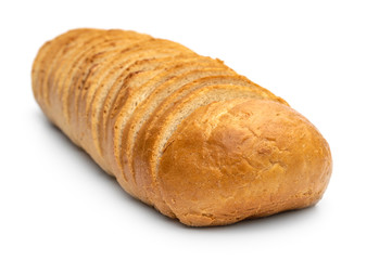Sliced loaf of bread on white background.