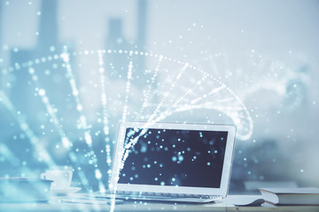 Desktop computer background and DNA drawing. Double exposure. Science concept.