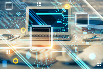 Technology theme drawing and table with computer. Multi exposure. Concept of information.