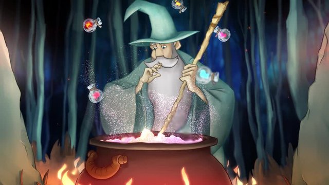 Wizards and magic. Stock footage. Cartoon animation of old wizard preparing potions in cauldron. Wizard mixed potions in cauldron and magic bright beam shot upward