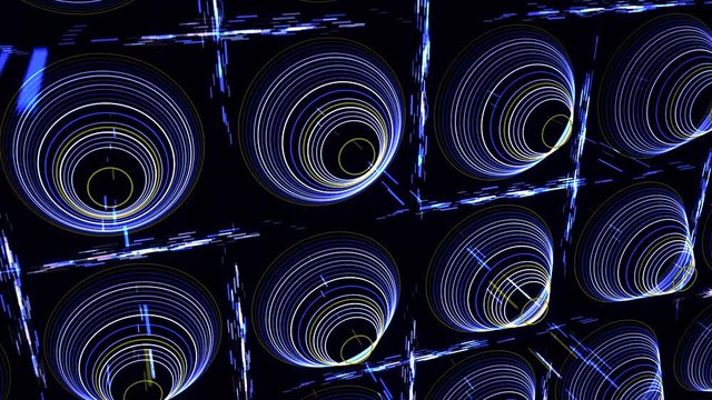 Abstract futuristic background with glowing schematic pyramides of many circles and straight rays of lines moving perpendicularly on black background. Animation. Rings on space background, seamless