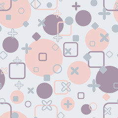 Delicate pastel seamless pattern with squares, circles and crosses. Rounded corners, comfortable background.