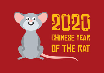 Chinese New Year 2020 year of the rat vector. 2020 Chinese New Year sign on a red background. Adorable rat cartoon character. Cheerful mouse cartoon character. Cute gray mouse icon. Cute rat vector