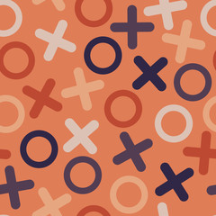 Obraz premium Bright seamless pattern. Noughts and crosses randomly sketched on the orange background. Shapes do not intersect.