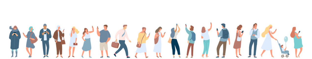 People crowd with gadgets. Background city people vector horizontal banner. Men and women using phones.