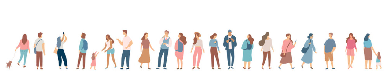 People crowd. Background people vector horizontal banner. Men and women, parents, kids walking outdoor. - obrazy, fototapety, plakaty