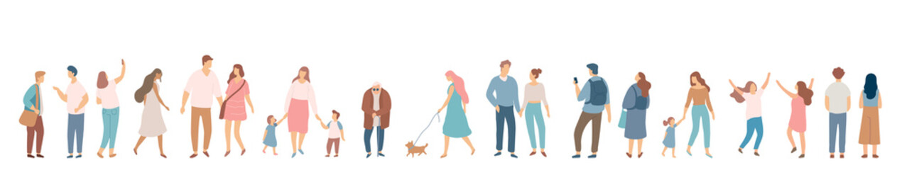 People crowd. Background people vector horizontal banner. Men and women, parents, kids walking outdoor.