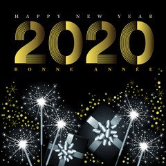 2020-Carte d’ambiance de fêtes nocturnes avec des cierge magiques et des cadeaux - Texte Français, anglais, traduction : bonne année.
