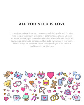 Love theme vector template for Saint Valentine's Day and wedding decoration. Romantic hand drawn icons set concept with text