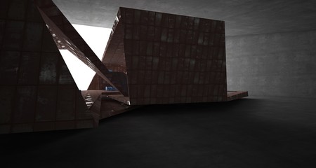 Abstract architectural concrete and rusted metal interior of a minimalist house with swimming pool and large window. 3D illustration and rendering.