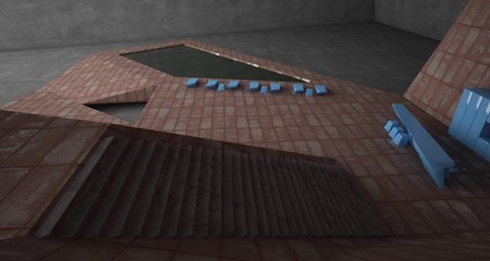 Abstract architectural concrete and rusted metal interior of a minimalist house with swimming pool and large window. 3D illustration and rendering.