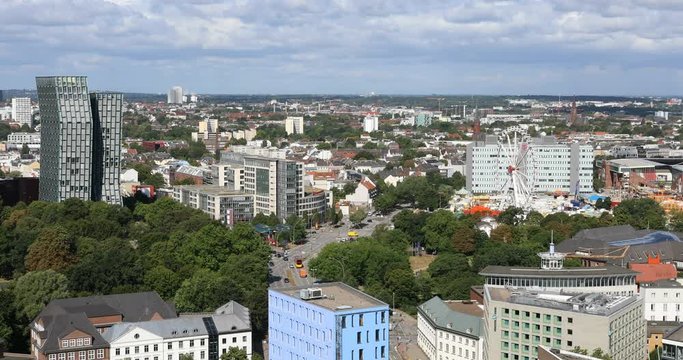 Aerial view of central Hamburg, focusing on the Reeperbahn area.