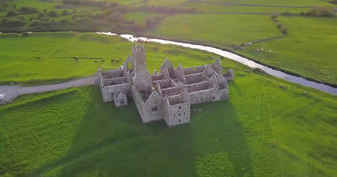 Aerial View Of The Ross Errilly Friary At Sunset. Co. Galway, Ireland. April, 2019